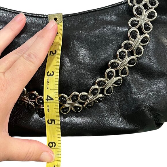 Elliott Lucca Black Leather Handbag With Silver Chain Strap & Zipper Closure - Picture 9 of 13